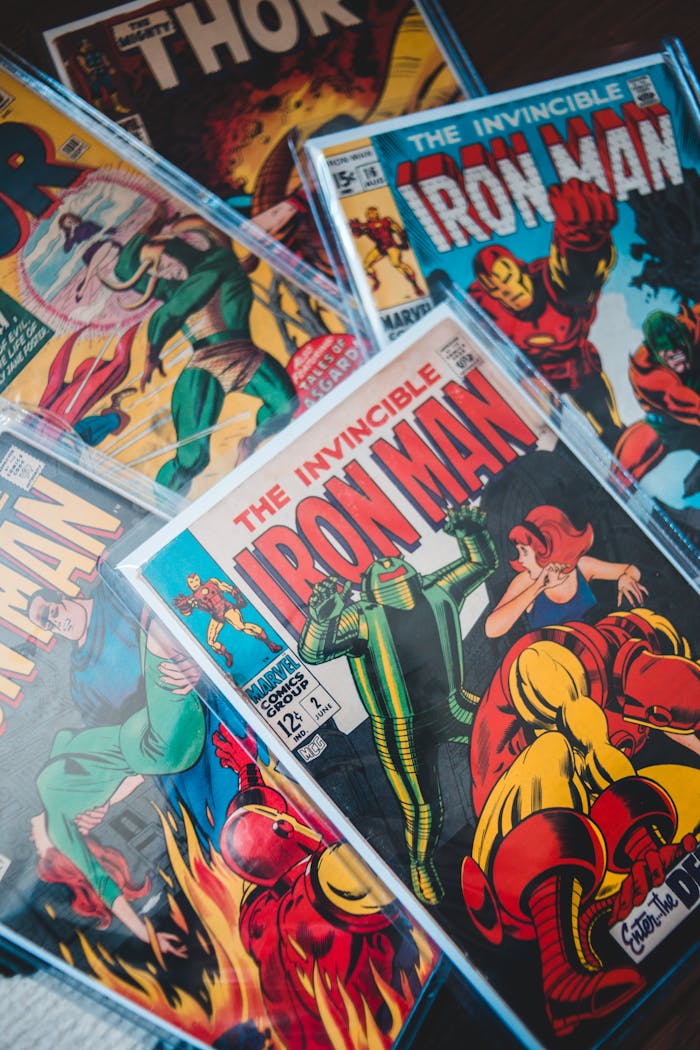 Close-up shot of vibrant vintage comic books featuring Iron Man and Thor.